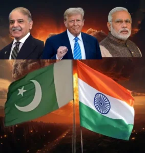 Donald Trump with Prime Minister Pakistan Shahbaz Sharif and Indian Prime Minister Narendra Modi. Pakistan and Indian Flag is flying