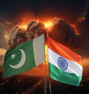 India Pakistan Flags are in front of bomb blast