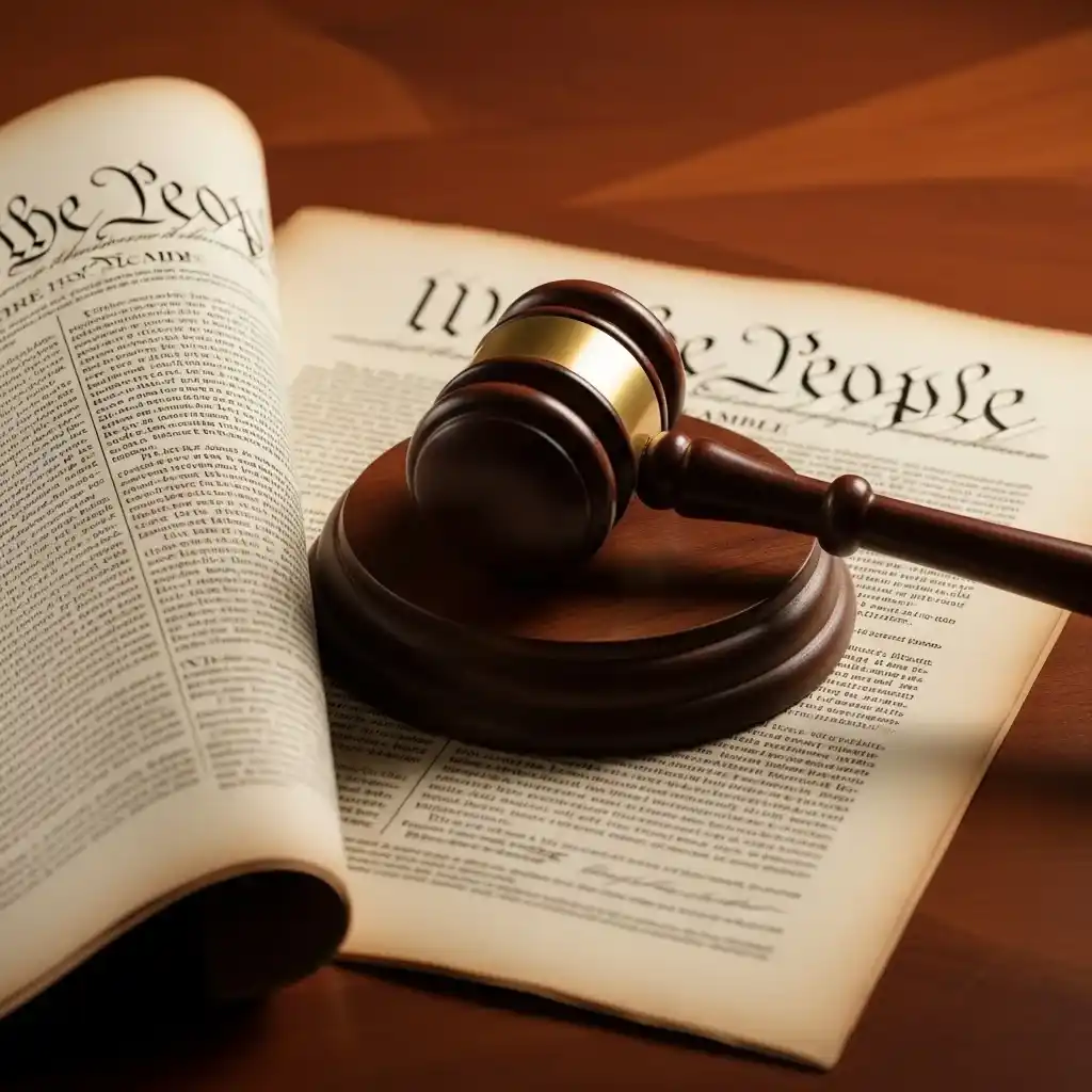 U.S. Constitution with judge’s gavel representing originalism and textualism