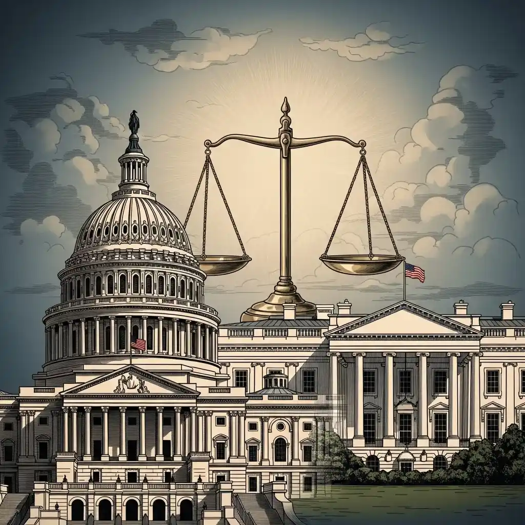 U.S. Capitol and White House with justice scales showing executive authority