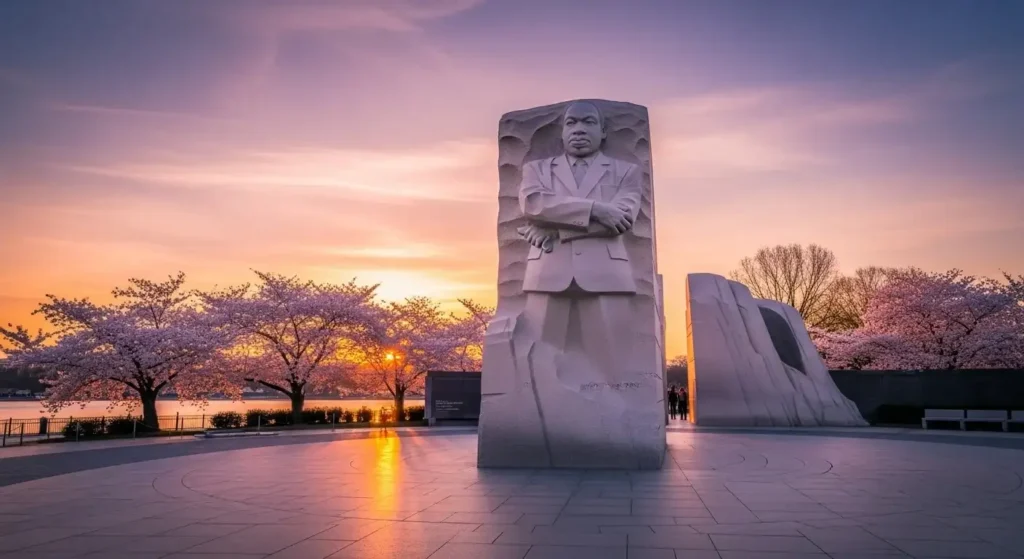 Martin Luther King Memorial Obituaries in Washington DC. featuring the Stone of Hope monument during sunrise.