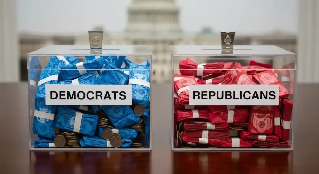 Illustration showing political donations split between Democrats and Republicans