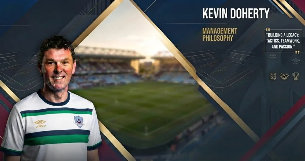 Kevin Doherty, Drogheda United manager, smiling in a white, green, and navy club jersey, with a stadium background and the text "Kevin Doherty: Management Philosophy"