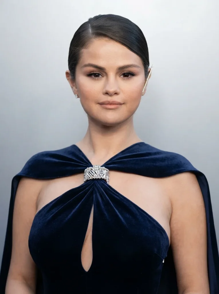 Selena Gomez wearing a navy blue velvet halter gown with a crystal brooch detail and sleek low bun at a red carpet event